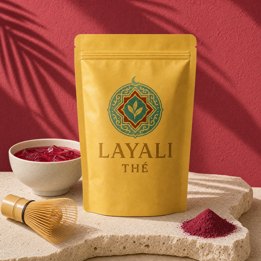 Layali Thé Hibiscus Matcha verpakking met rode hibiscusdrank, bamboe klopper en hibiscuspoeder
