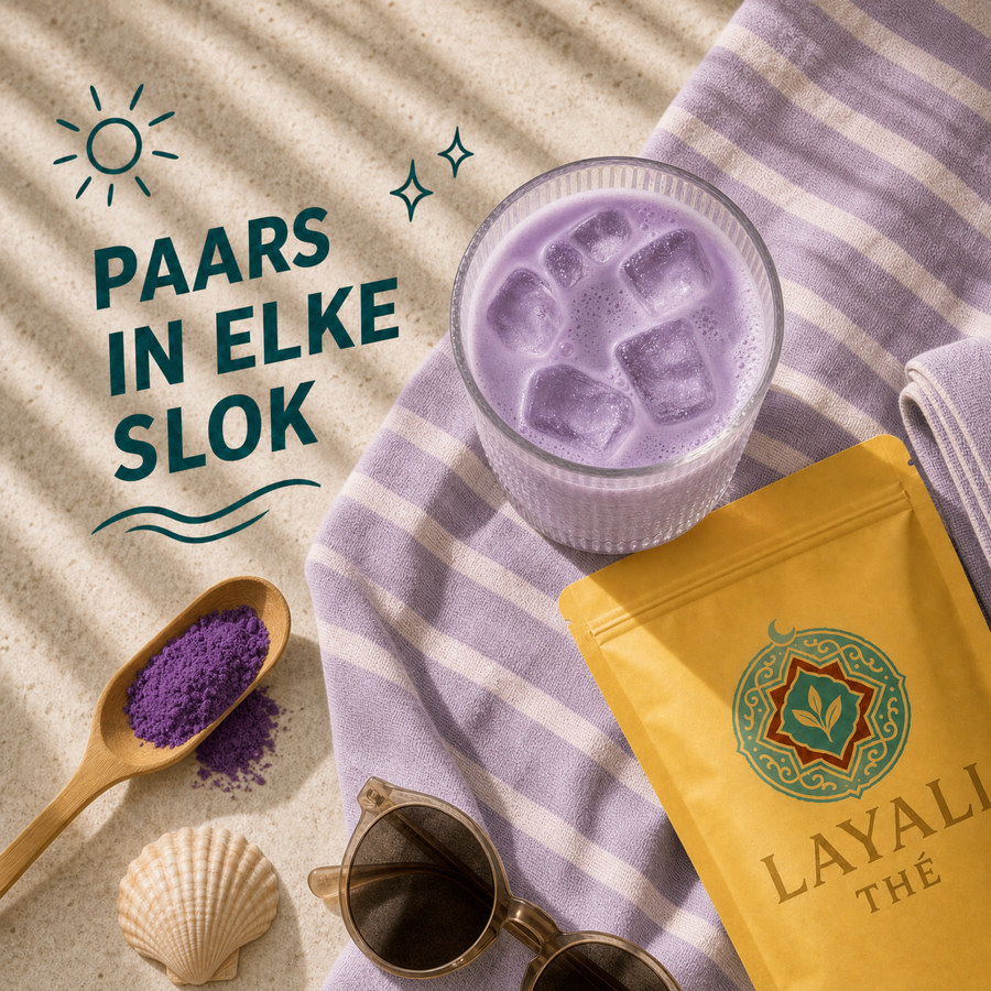 Iced ube latte met Layali Thé Ube Poeder – paars in elke slok