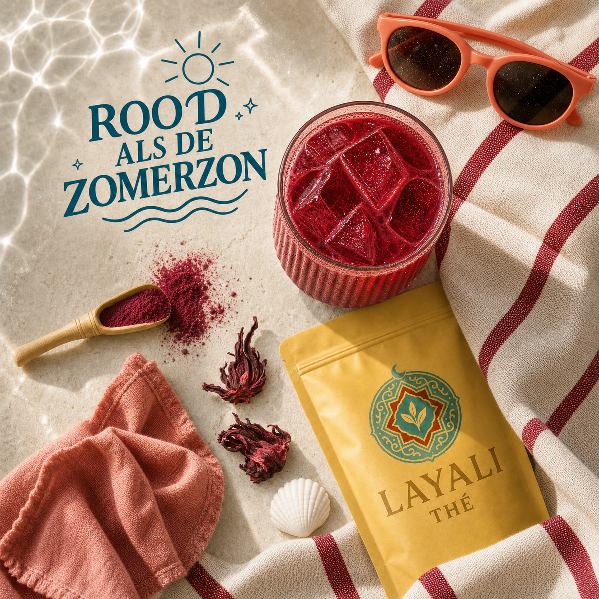 Iced hibiscusdrank met Layali Thé Hibiscus Matcha – rood als de zomerzon